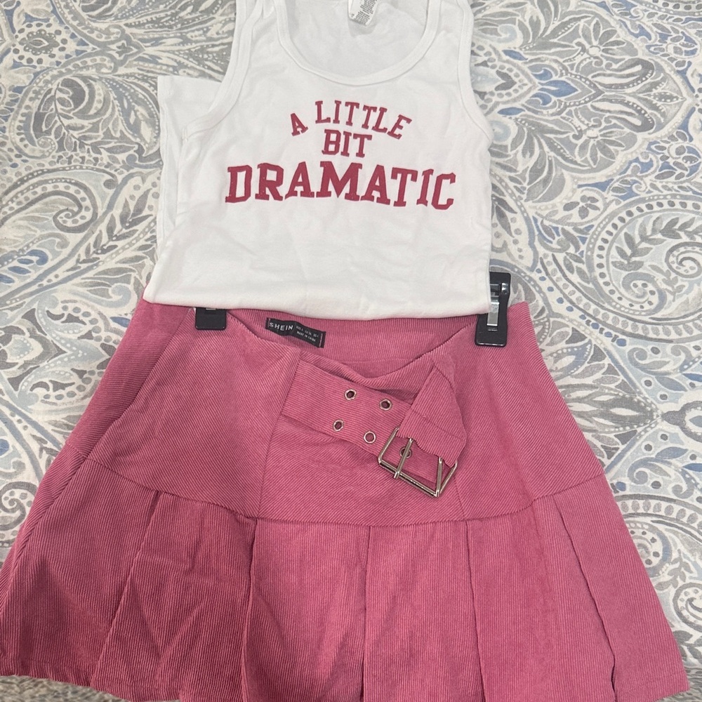 White Graphic Tank Top and Pink Skirt Set